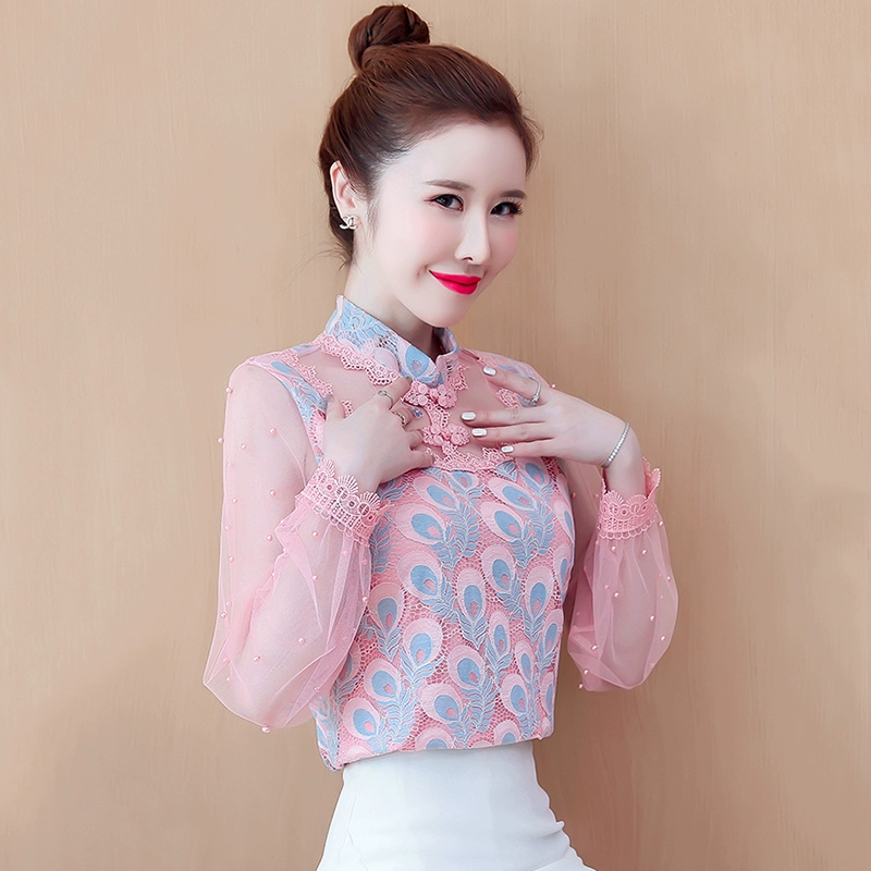 Áo sơ mi ren phụ nữ mùa xuân và mùa thu 2021 mới đầu mùa thu dài tay áo voan che bụng áo sơ mi nhỏ eo phong cách phương Tây - Áo sơ mi chiffon ren
