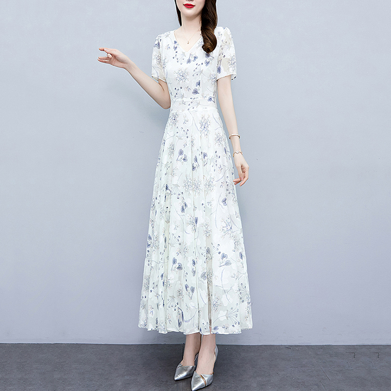 Floral Chiffon Dress for Women, Summer 2026 New High-End Plus Size, Slimming and Elegant Mid-Length Dress