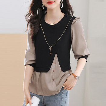 Fake two-piece shirts for ladies spring and autumn 2023 new fashion hot style foreign style tops small shirts long-sleeved shirts