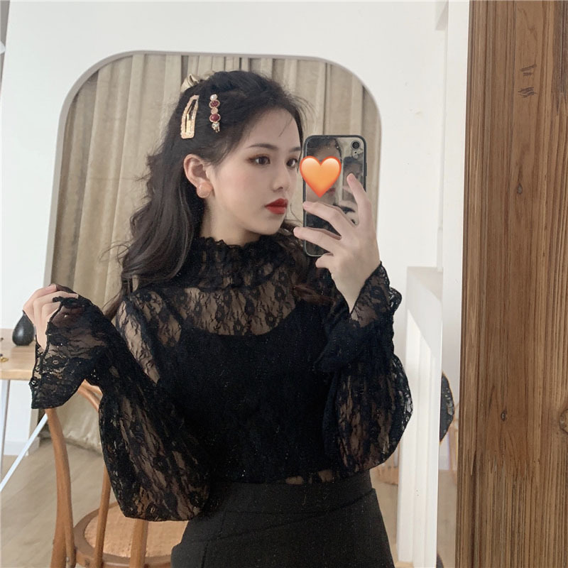 Half-High Collar Lace Base Shirt for Women, Autumn and Winter 2026 New High-End Stylish Thin Long-Sleeve Mesh Top