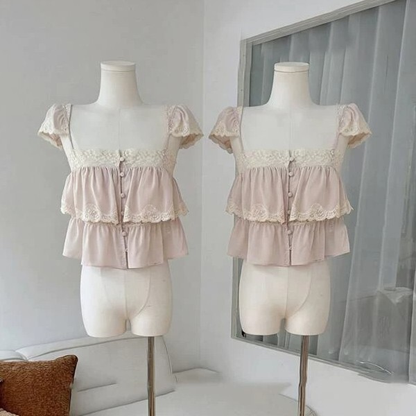 Pink Flutter-Sleeve Ruffled Base Shirt for Women, Summer Pure and Alluring Lace Inner Layer, Slimming Chiffon Top