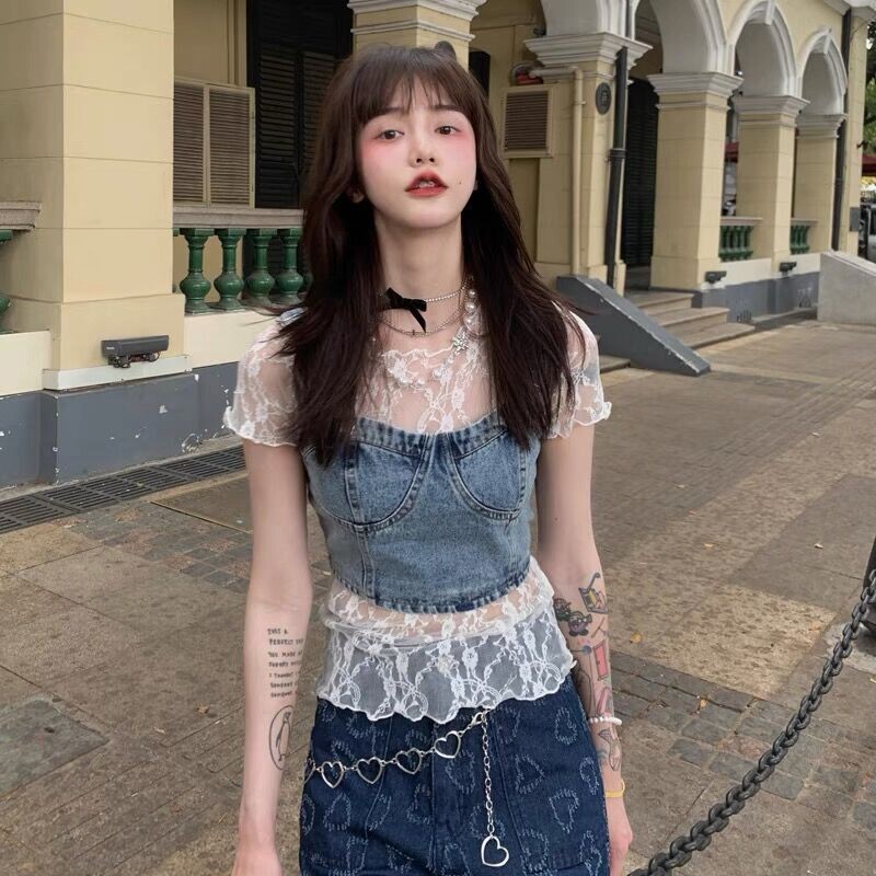 Hollow Lace Bottoming Shirt for Women in Summer, Paired with a Suspender Skirt, Worn with a T-Shirt, Short-Sleeved Transparent Blouse, Ice Silk Mesh Top