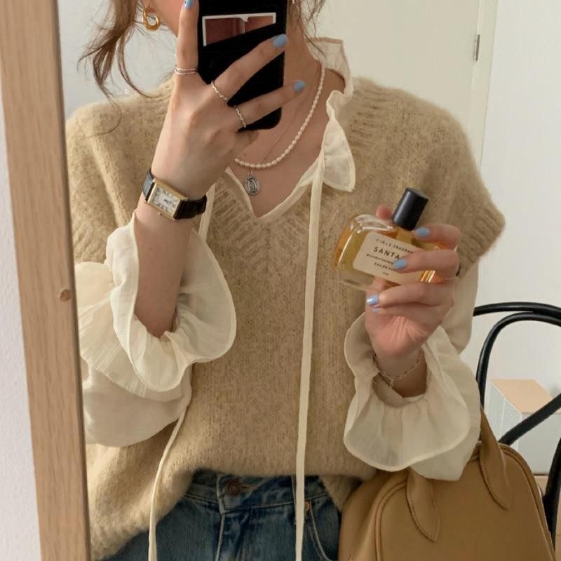 Французская кружевная нижняя рубашка, женский осенне-зимний новый свитер, вязаный жилет с шифоновой рубашкой с длинными рукавами, костюм-двойка
