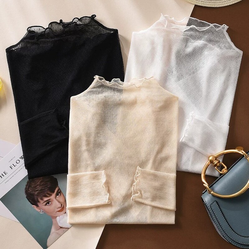 White High-Neck Lace Base Shirt for Women, 2026 New Autumn and Winter Sweater, Layered with Sheer Long-Sleeve Mesh Top