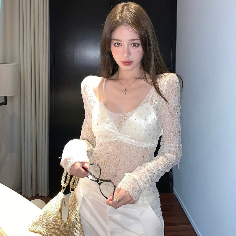 Heavy-Duty Diamond-Embellished Hollow-Out Long-Sleeve T-Shirt for Women, Summer Lace Inner Layer, Transparent Sun-Protective Cover-Up, Sweet and Spicy Girl Mesh Top