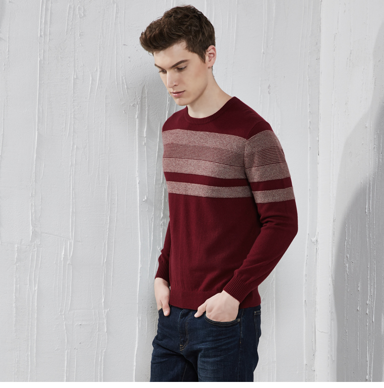 METTE mùa thu và mùa đông mới sọc ngang màu jacquard tương phản vòng cổ áo len cashmere nam trẻ trung ấm áp đan áo len - Áo len Cashmere áo da lộn nam