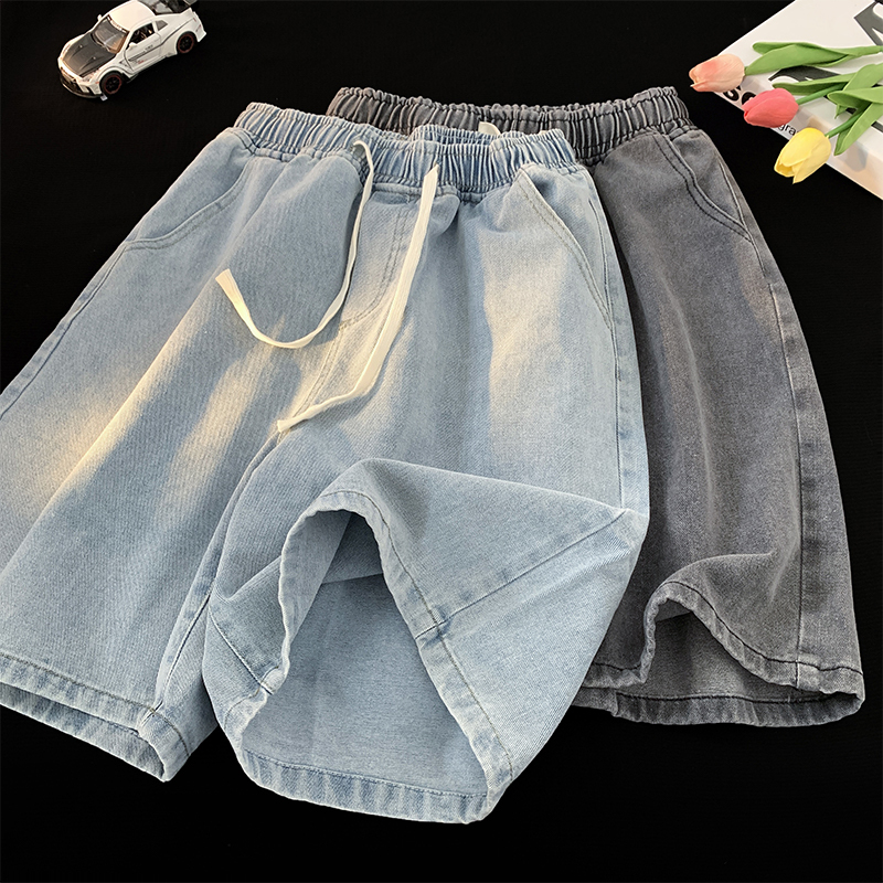 Light Blue Denim Shorts for Men, Summer Thin Loose Straight Washed Mid-Length Pants, Trendy American Style Wide-Leg Five-Point Pants