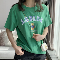 Green Pure Cotton Short Sleeve T-shirt Woman Summer 2022 New Beat Undershirt Small Bear Mid Half Sleeve Compassionate Blouse