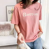 Pink Pure Cotton Short Sleeve T-shirt Woman 2022 Spring Summer New Letter Printed Round Collar Inside Hitch Undershirt Half Sleeve
