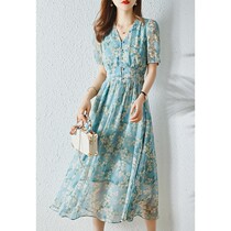 Blue Broken Flowers One-piece Dress 2022 New Summer Trendy Snowspun Sweet and Balloon Flower style closedown V collar Long dress Children