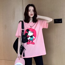 Pink Short Sleeve T-shirt Woman Pure Cotton 2022 New Summer Loose Medium Long Half Sleeve Rat Mickey Compassionate Blouse