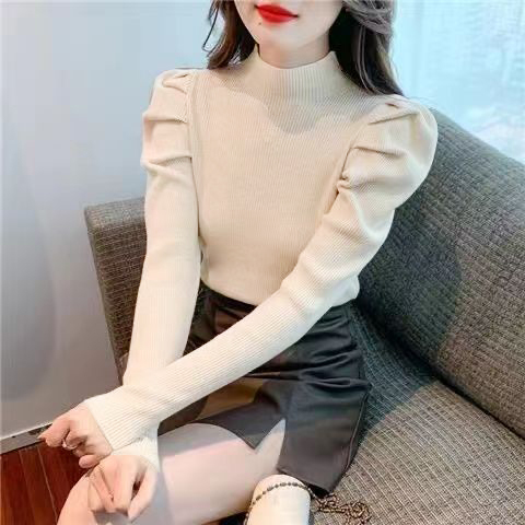 Half Turtleneck Bottoming Shirt for Women, Autumn and Winter Long-Sleeved Knitted Top, 2023 New Style Puff Sleeve High-End Sweater for Women