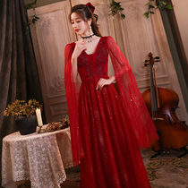 Toast Bride 2021 New Winter Temperament High-end Autumn and Winter Red Wedding Thanks Party Evening Dress Women