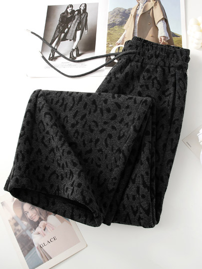 Gray Velvet Thickened Banana Pants Leopard Print Woolen Scimitar Pants Women's 2025 New Winter Sports Leisure Pants