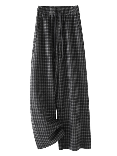 Thick woolen plaid wide-leg pants for women 2025 new autumn and winter slim straight pants drawstring sports casual pants