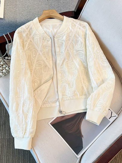 White temperament jacket long-sleeved coat for women 2025 new spring thin high-end heavy-duty short stand-collar top