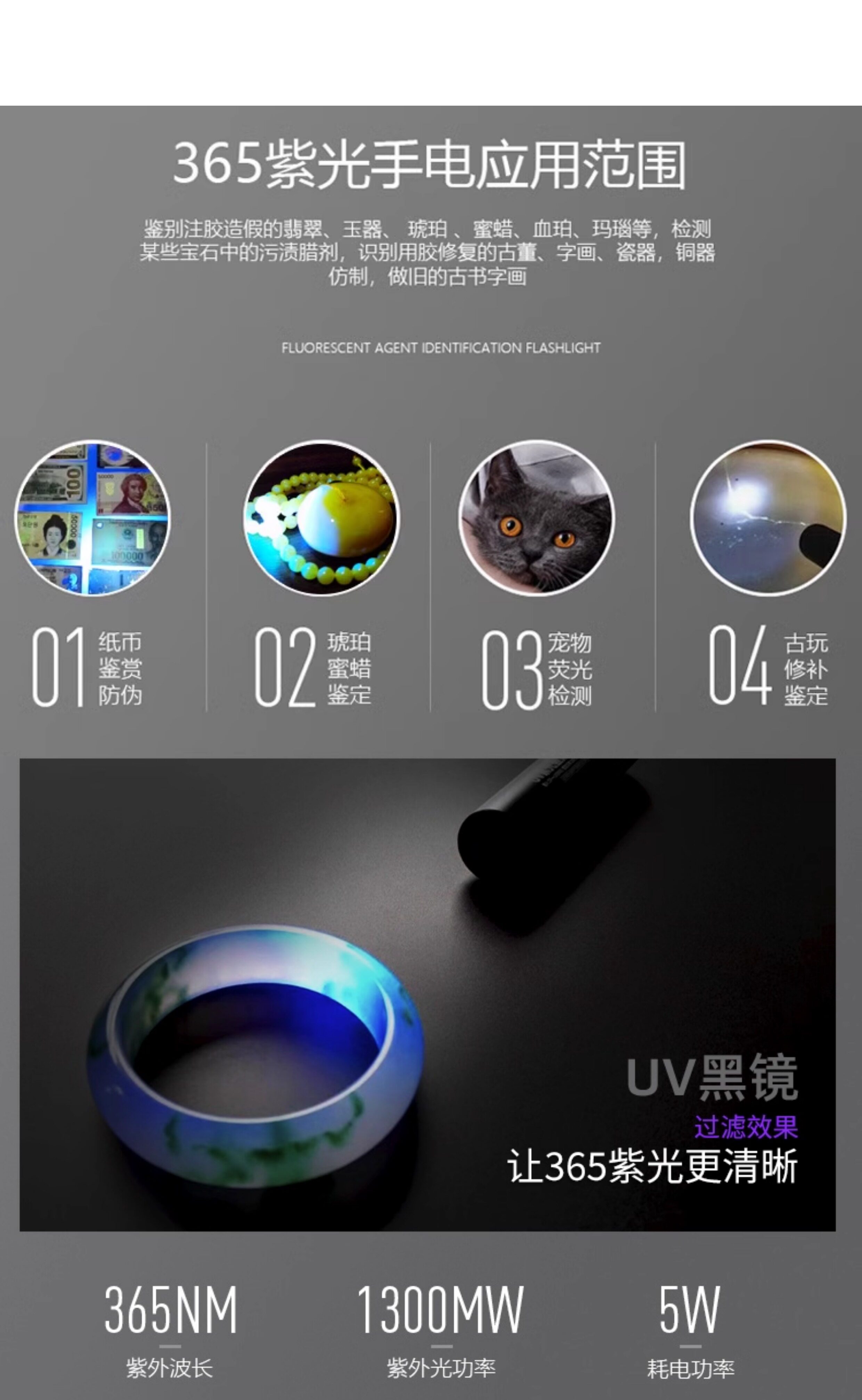 Ultraviolet Light for Jade Identification, Jadeite, Tobacco, Alcohol, and Money Detection Flashlight, Ultraviolet Detection, Malachite Green 65Nm