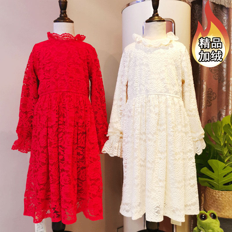 Girls 2022 winter velvet red lace dress Western style New Year's dress long skirt children's small fragrance princess dress