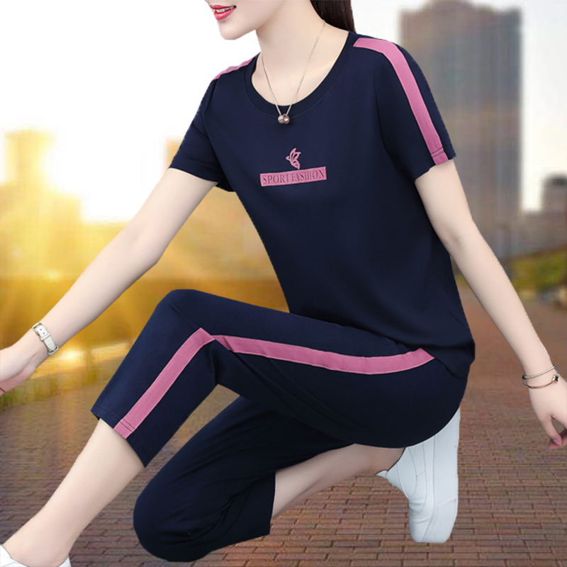 Pure Cotton Sports Suit for Women, Summer Wear 2026 New Style, Fashionable Mom Wear, Casual Wear, Summer Short-Sleeved Two-Piece Set