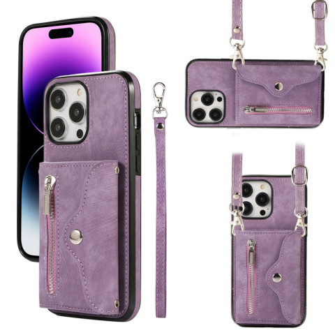 Purple — Synthetic Leather Wallet Card Holder With Crossbody Lanyard Strap Samsung Phone Case