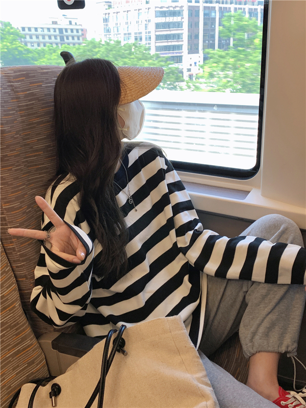 Plus-Size Women's Spring and Autumn Clothing 2026 New Black and White Striped Long-Sleeve T-Shirt, Large Size, Loose Fit, Base Layer Top