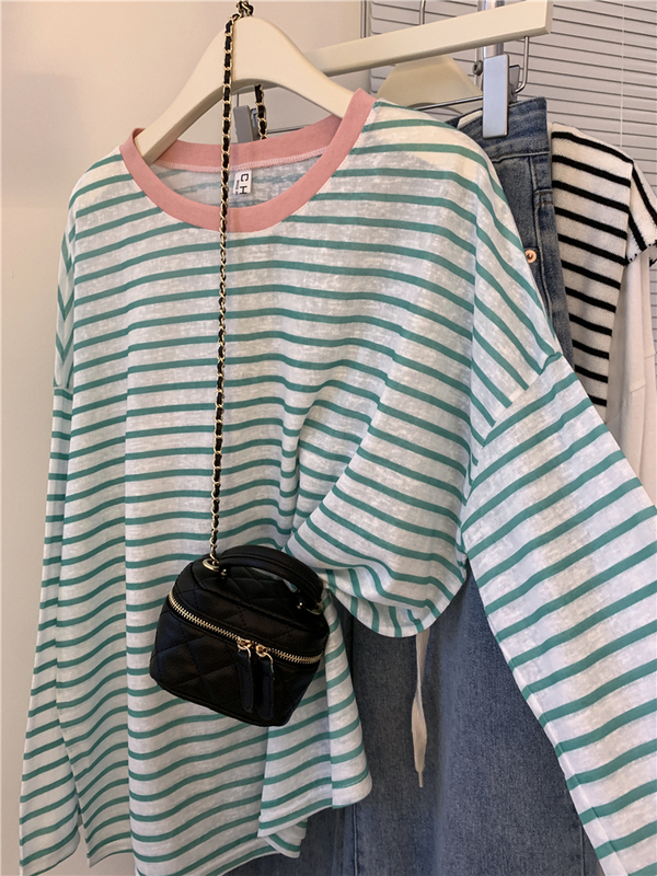 Fat Sister Spring/Summer 2026 New Loose Striped Long-Sleeved T-Shirt Women's Thin Air-Conditioning Sun Protection Cover-Up Top