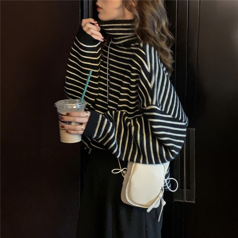 Plus-Size Striped Turtleneck Sweater for Women, New Autumn and Winter Style, Lazy Style, Thickened Coat, Knitted Base Layer Top
