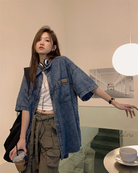 Fat sister summer 2024 new polo collar short-sleeved denim shirt jacket women's thin large size loose top