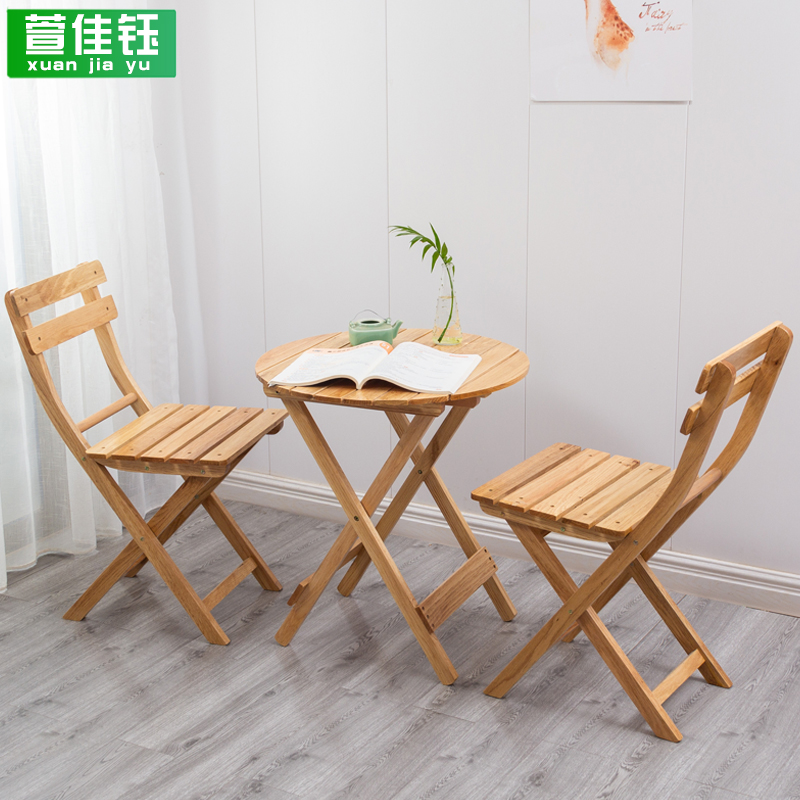 Folding table and chairs outdoor portable solid wood dining table round table Household small apartment table and chair combination Yangtai leisure table