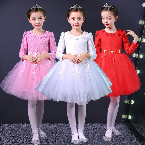 girls princess ballet chorus dresses children performance Dress Girls Long Sleeve princess skirt white skirt fluffy skirt children chorus performance Costume