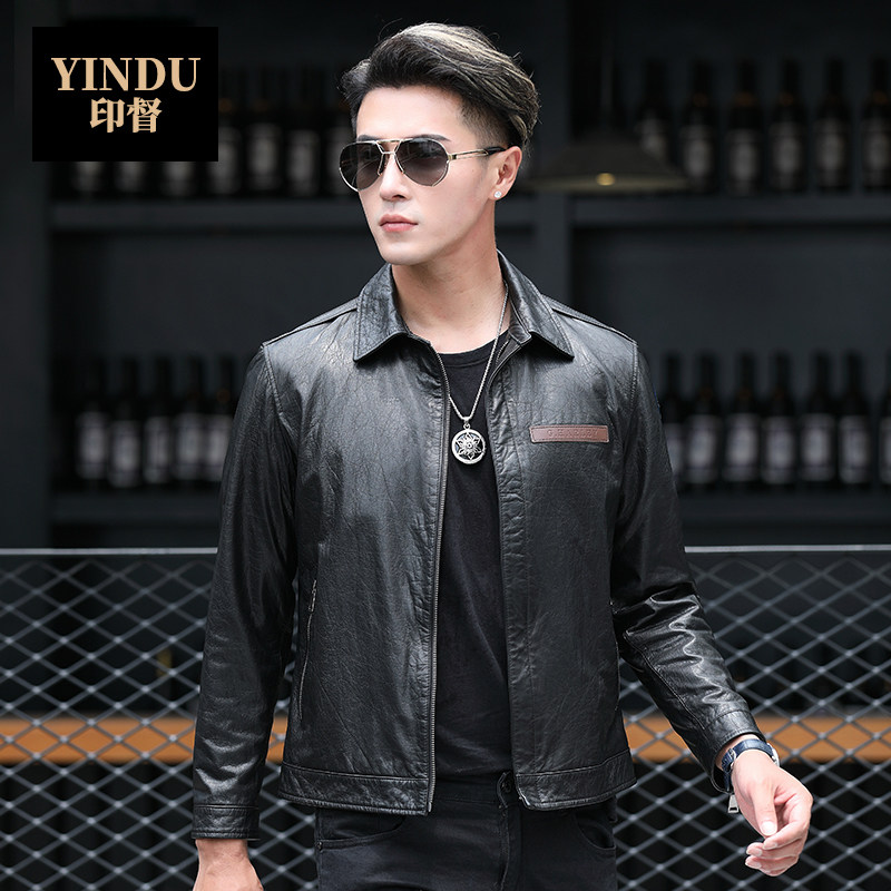 Henning Autumn Winter Genuine Leather Leather Clothing Men's Cow Leather Clothing Casual Jacket Short thickened Overturned Collar LEATHER JACKET MEN'S CLOTHING