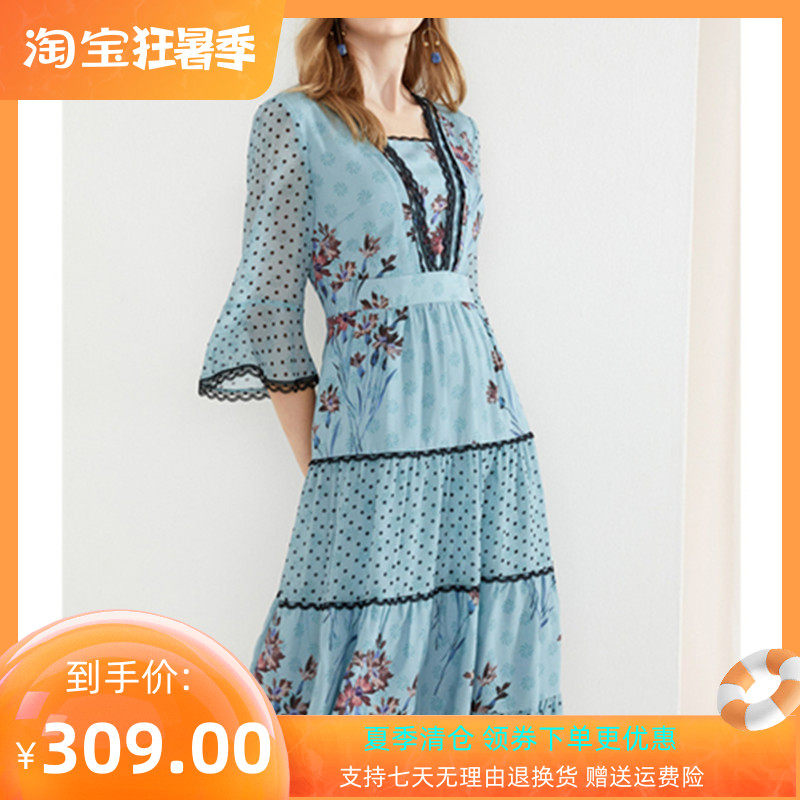 2020 autumn new music women's clothing fashion polka dot stitching floral trumpet sleeve dress 8C50305190