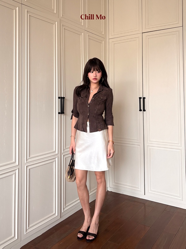 Chillmo｜Waist-Cinching Shirt, Vintage Brown Suede Mid-Sleeve Shirt for Women, Spring and Summer Slimming and Elegant Commuter Top