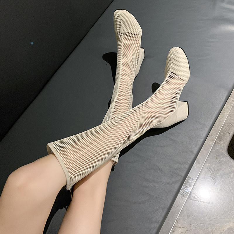 The long tube mesh hollow boots girl 2022 spring and summer thin small man with Roman sandals high - tube riding boots