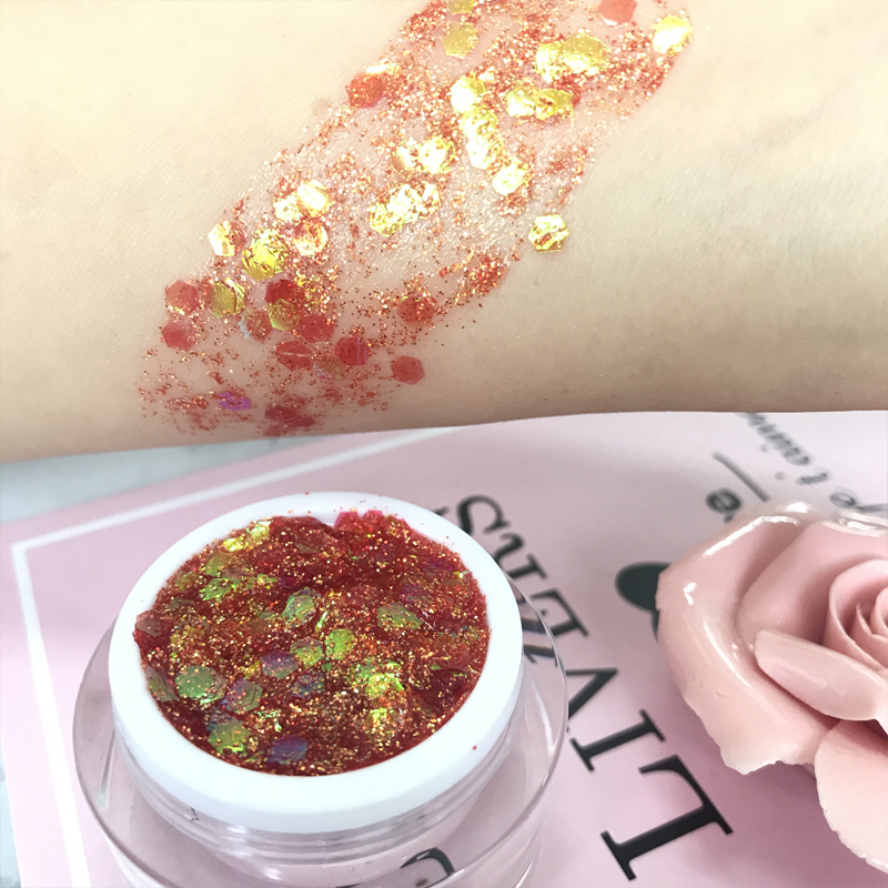 Elves bụi ánh sáng cao lục giác sequin gel kem mặt cơ thể flash trang điểm chương trình nàng tiên cá quy mô sân khấu ảnh phấn bắt sáng
