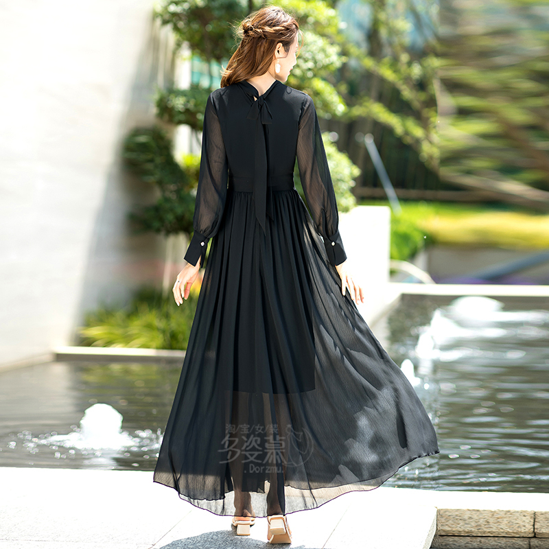Black Retro Hepburn Style Chiffon Dress Slimming Look Elegant Seaside Vacation Extra Long Ankle-Length Dress Beach Dress