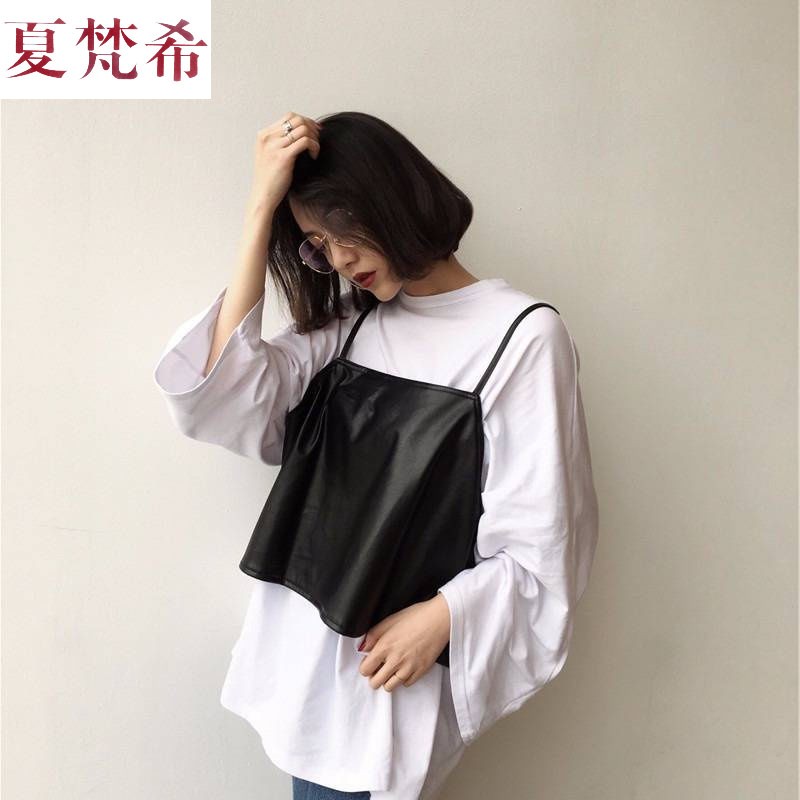 Mùa thu Hàn Quốc phiên bản của ulzzang Hàn Quốc phiên bản của phiên bản thời trang lỏng lẻo lớn của T-shirt và một trăm da sling hai mảnh bộ thời trang