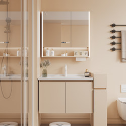 Cream-Colored Bathroom Vanity Set for Small Spaces, Ceramic Integrated Basin, Solid Wood 50cm Washbasin Cabinet, Washstand