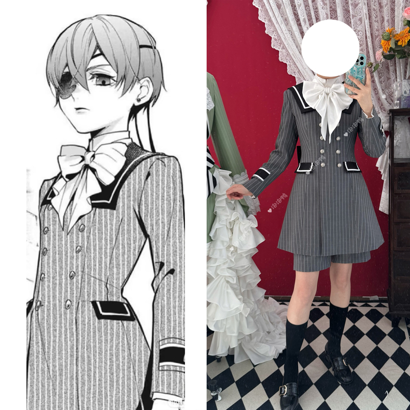 In Stock [Bubble Duck] Black Butler Bo-Chan Shire Cosplay Costume Gray Striped Navy Collar Suit