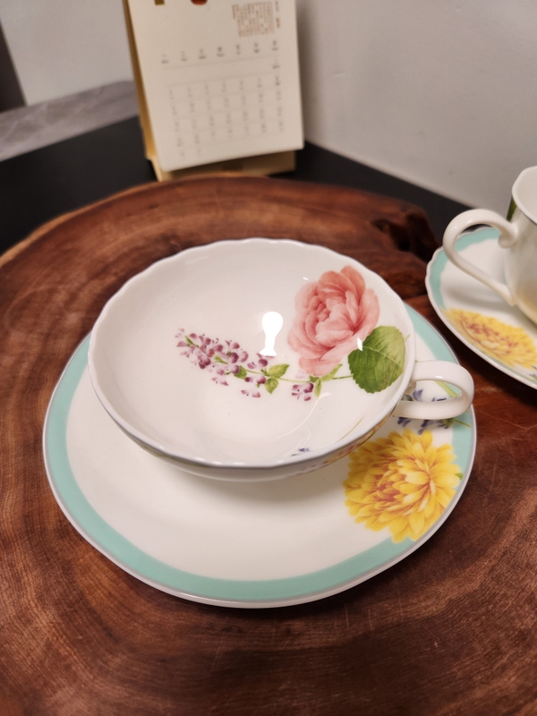 Japanese Imported Noritake Plant and Floral Bone China Coffee Cup and Saucer Set