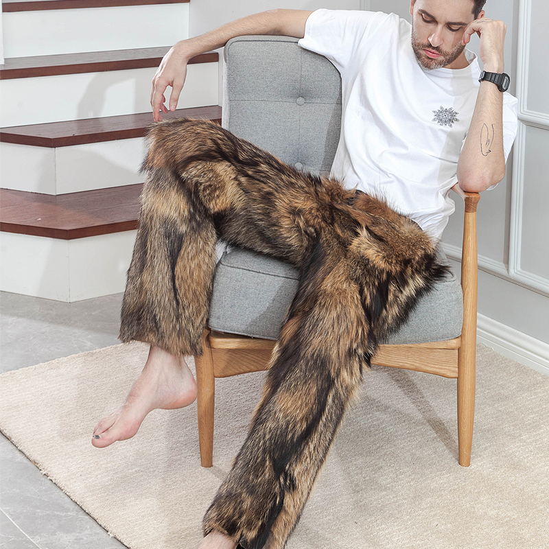 Raccoon fur one-piece pants men middle-aged and elderly winter thickened plus plus fluff cotton pants American raccoon leather pants