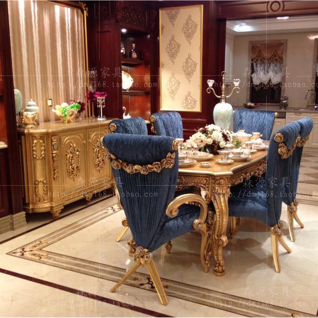 European dining table and chair combined solid wood carved flower rectangular dining table Italian court dining room soft packed dining chair