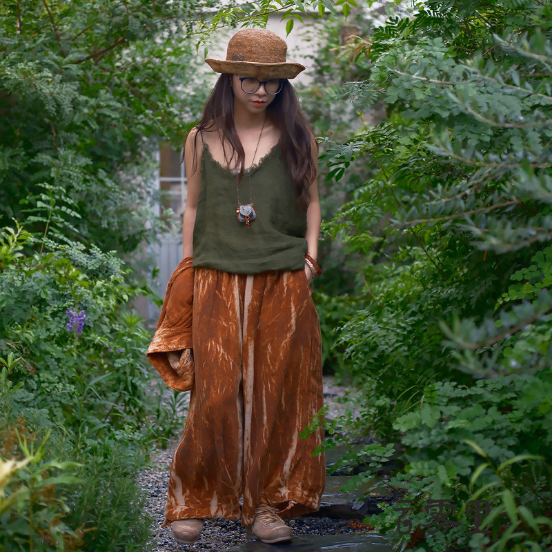In the Clouds Linen-Cotton Fabric Vintage Rust-Dyed Patchwork Loose Drawstring Wide-Leg Casual Drapey Long Pants 7146