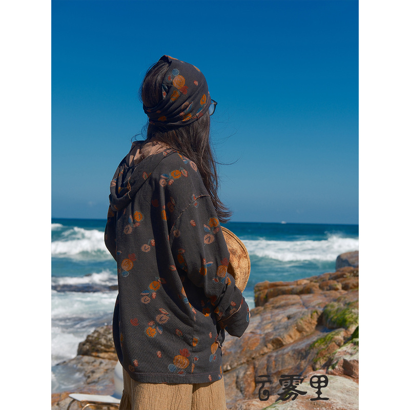 Clouds and Mist Original Vintage Print Hooded Long Sleeve T-Shirt Hemp Organic Cotton Casual Circular Knitted Sweatshirt 7117