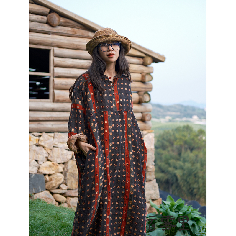 Clouds in the Mist Original Print 100% Pure Hemp Jacquard Vintage Loose Buttoned Pullover Drop Shoulder Dress 6216