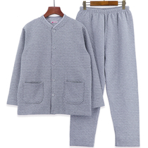 Middle-aged and elderly mens three-layer thickened home clothes pure cotton loose plus fertilizer plus size pair of lapel thermal underwear suit