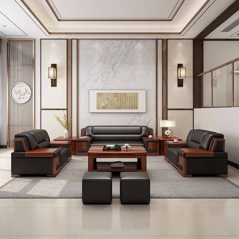 Office business reception leather sofa high-end modern Chinese luxury noble solid wood sponge leather art combination