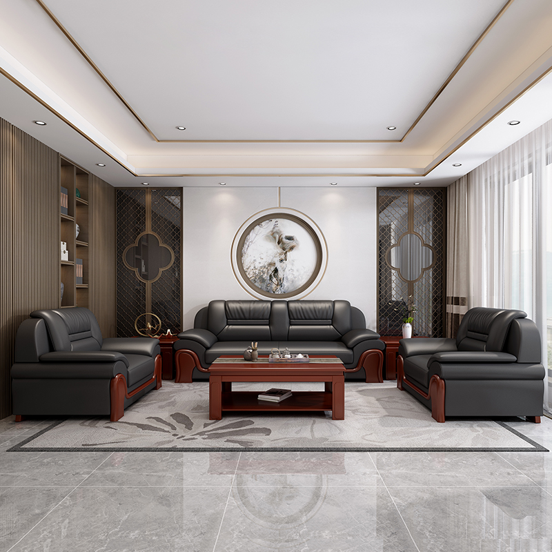 Office sofa business reception and reception Chinese-style large comfortable and simple modern three-person leather manager room leather art
