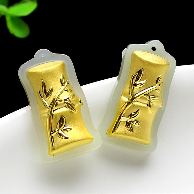 Jewelry gold pendant 3D hard foot gold steadily high birth year pendant bamboo gold Hetian jade necklace for men and women