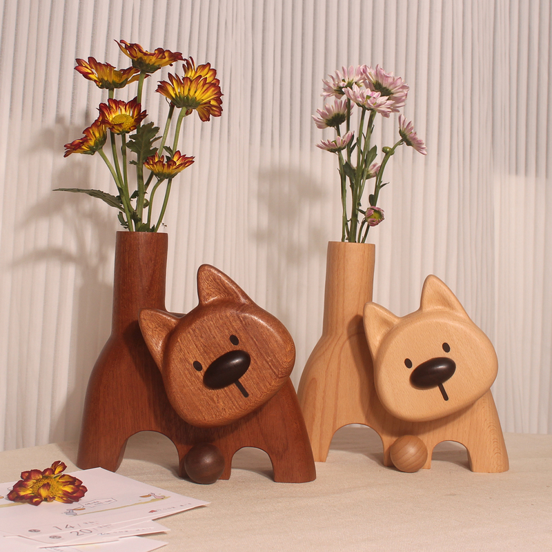 Creative Wooden Dog Flower Arrangement, Flower Vase, Wooden Crafts, Wood Carving Dog Ornament, Birthday Housewarming Gift